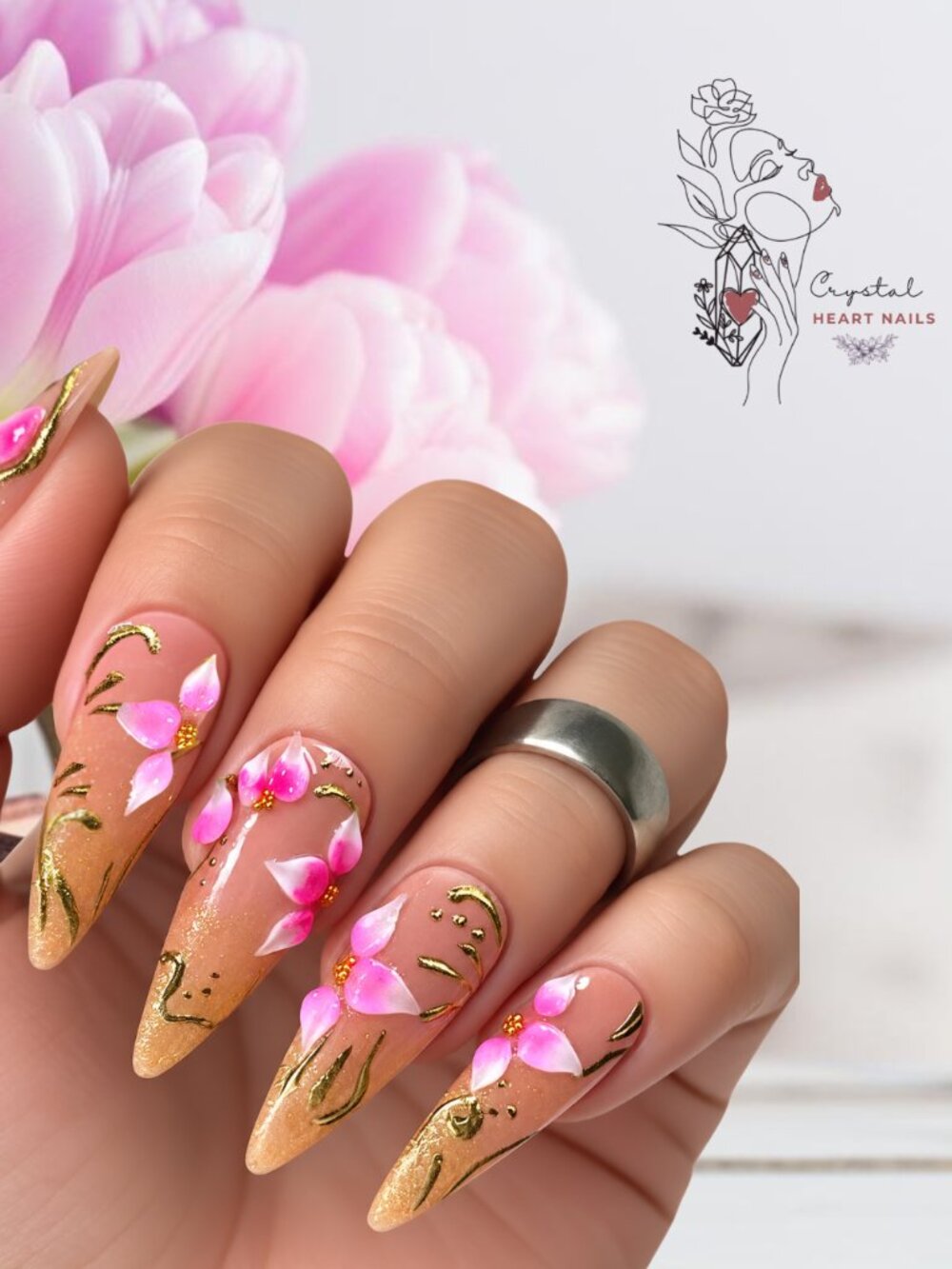 Long Stiletto Pink Floral Press-On Nails | 3D Flowers & Gold Accents